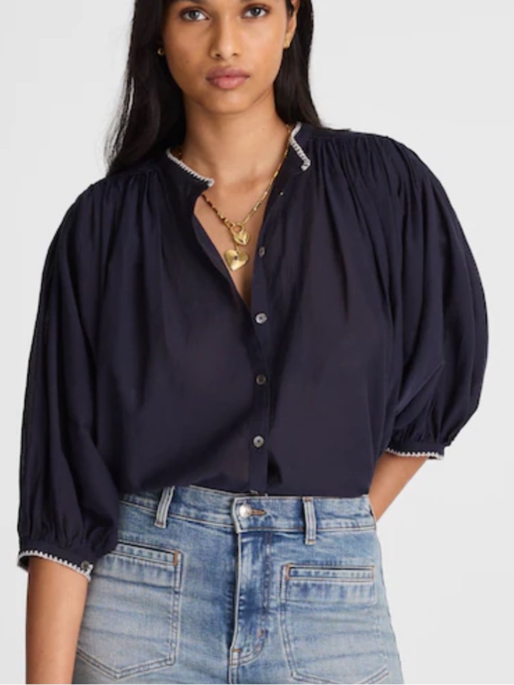 Madewell Women XXS Navy Blue Boho Peasant Cotton Voile Balloon-Sleeve Top